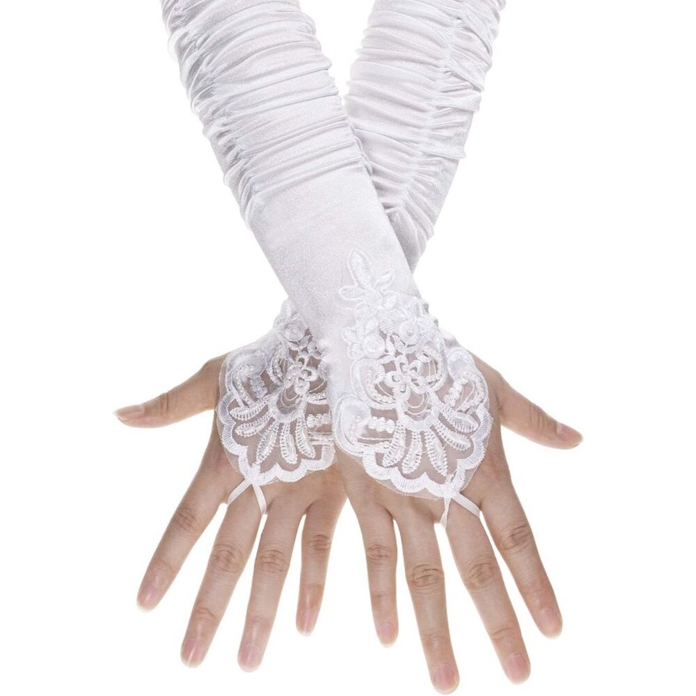 Women's White Evening Floral Embroidery Sequins Finger Loops Satin Long Gloves